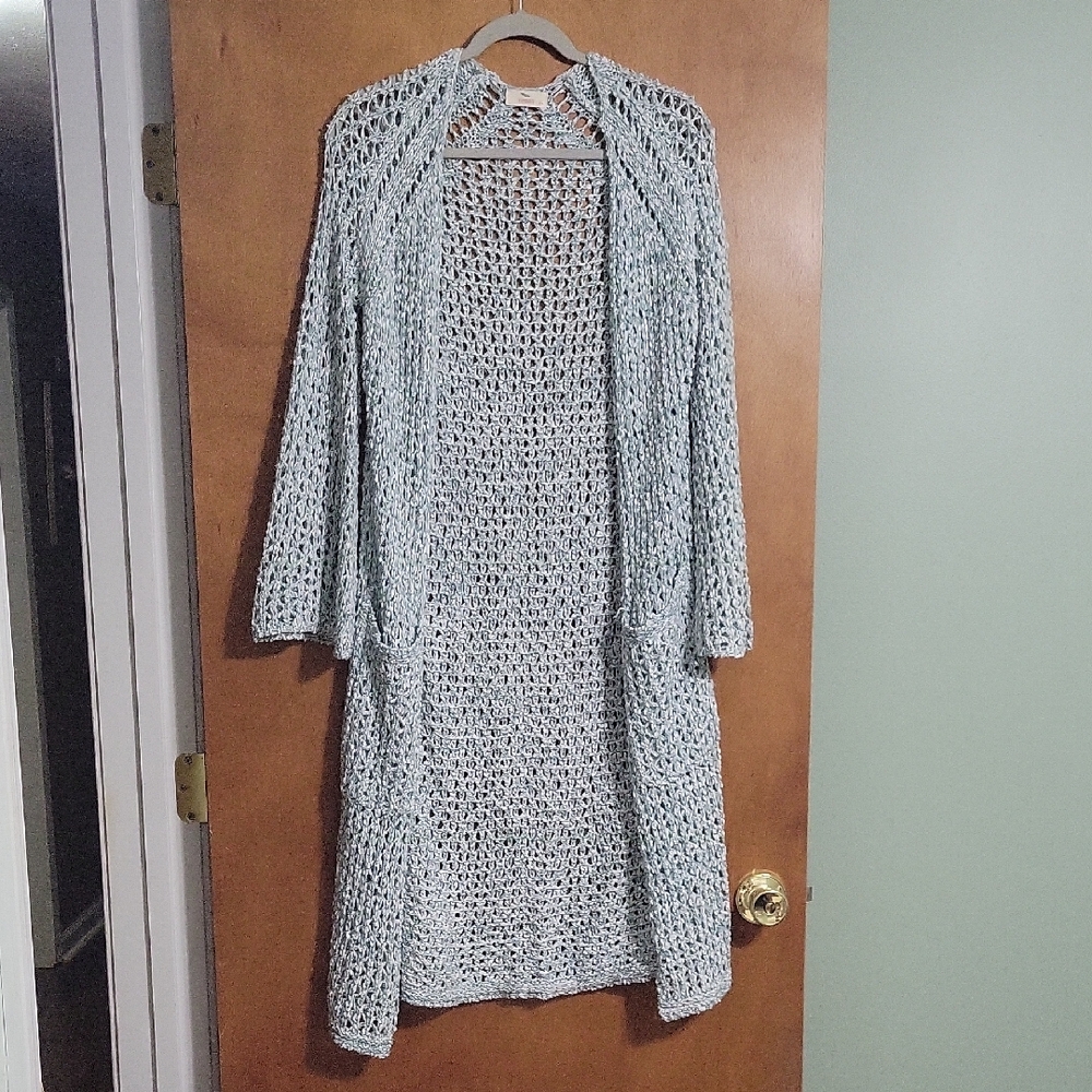 Hummingbird Brand   EUC Green Crochet Cardigan